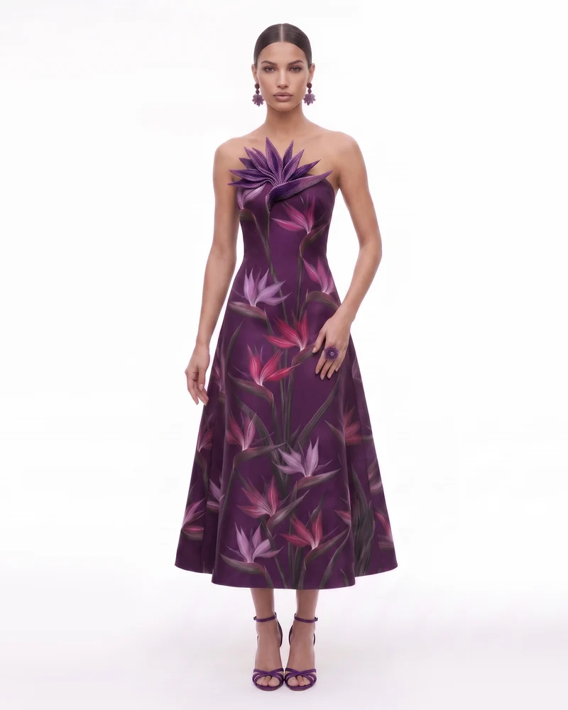 Robe midi trapèze bustier à appliqué oiseau de paradis - Violet foncé