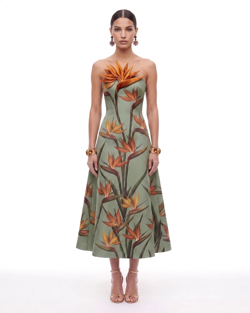Robe midi trapèze bustier à appliqué oiseau de paradis - Vert sauge