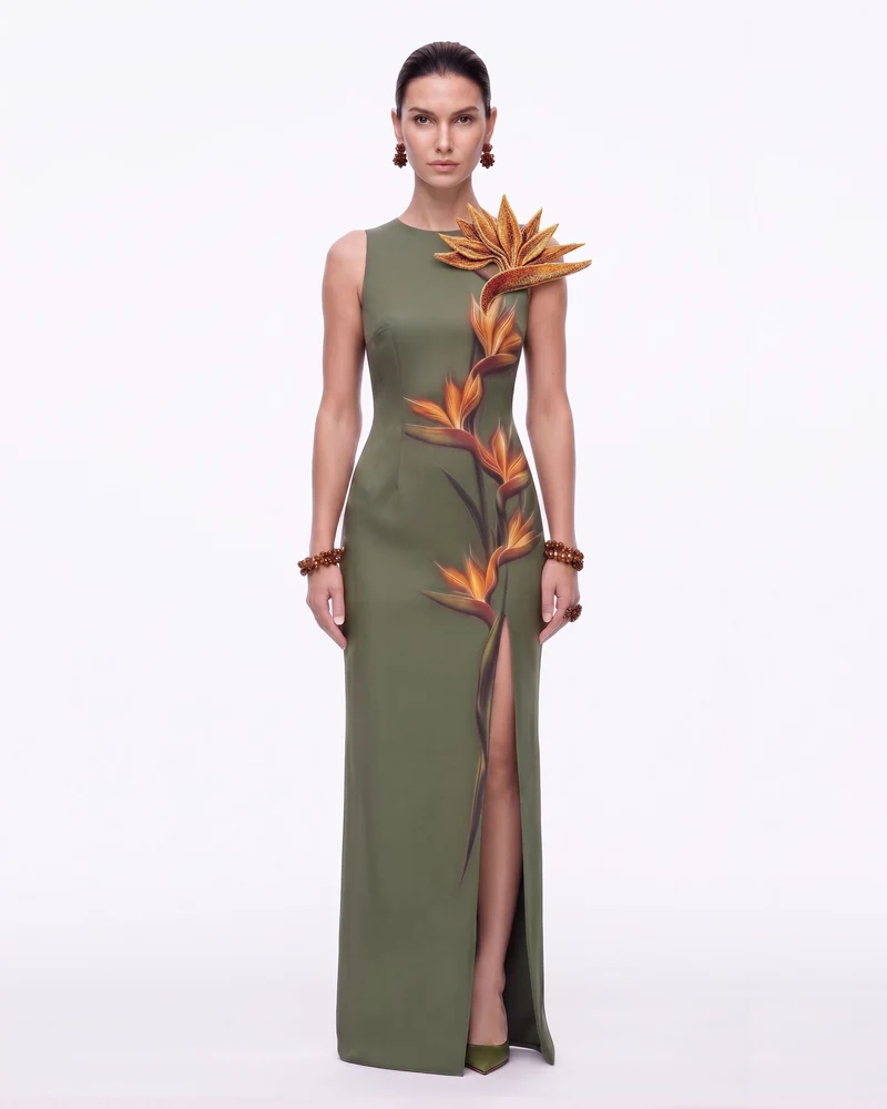 Robe longue fendue à appliqué oiseau de paradis - Vert olive