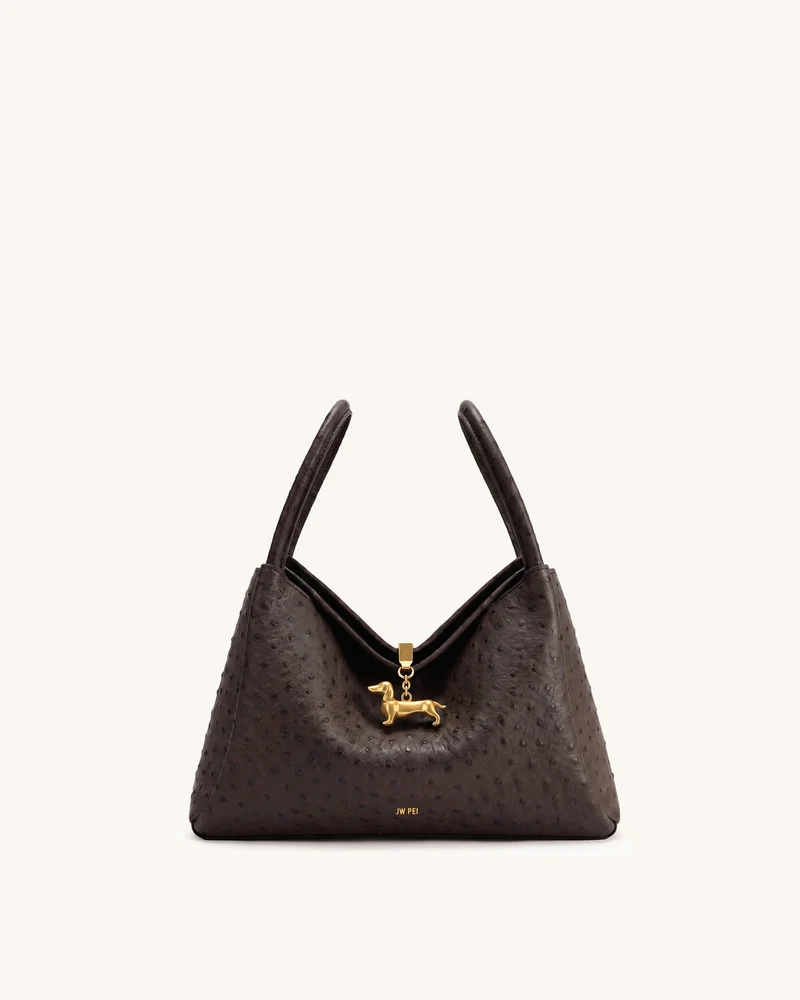 Maelle Sac à double poignée avec breloque teckel imitation autruche - Marron foncé