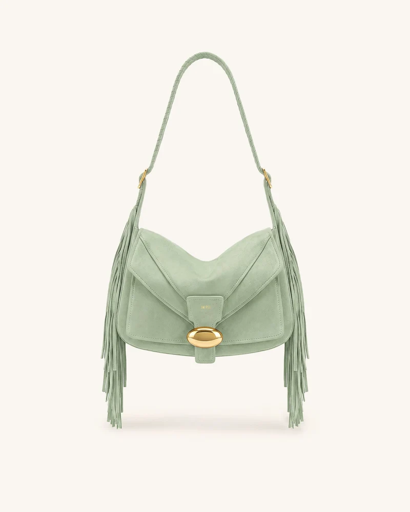 Avery Sac porté épaule à franges en faux daim - Vert menthe