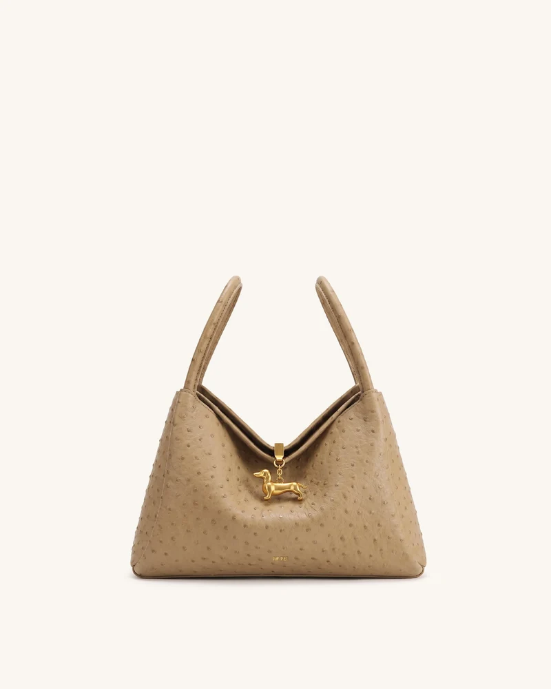 Maelle Sac à double anse avec breloque teckel grain autruche synthétique - Marron