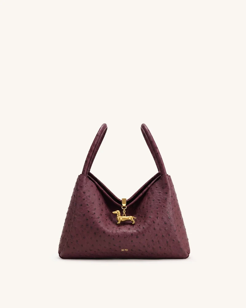 Maelle Sac à double anse avec breloque teckel grain autruche synthétique - Rouge baie