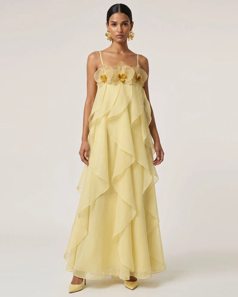 Robe longue en organza brodée d'orchidées - Jaune clair