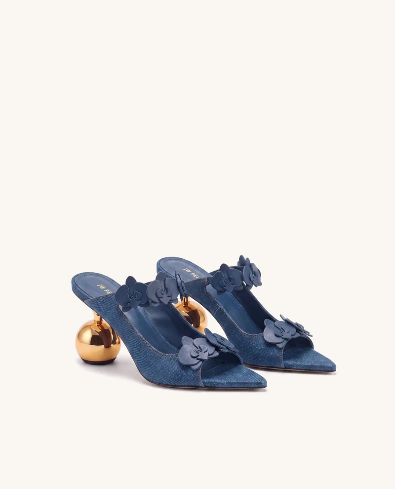 Rosalie Mules à talon sphérique avec application d'orchidée - Bleu jean