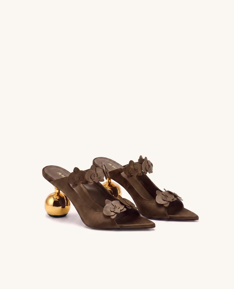 Rosalie Mules à talon sphérique avec application d'orchidée - Marron