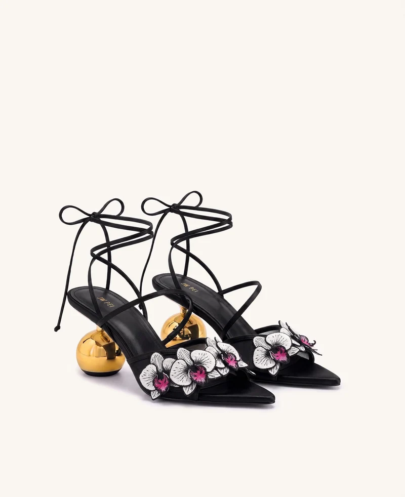 Celia Sandales à lacets et talon sphérique brodées d'orchidées - Noir