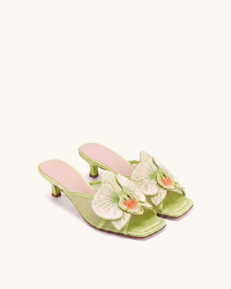 Serena Mules oversize brodées d'orchidées - Chartreuse