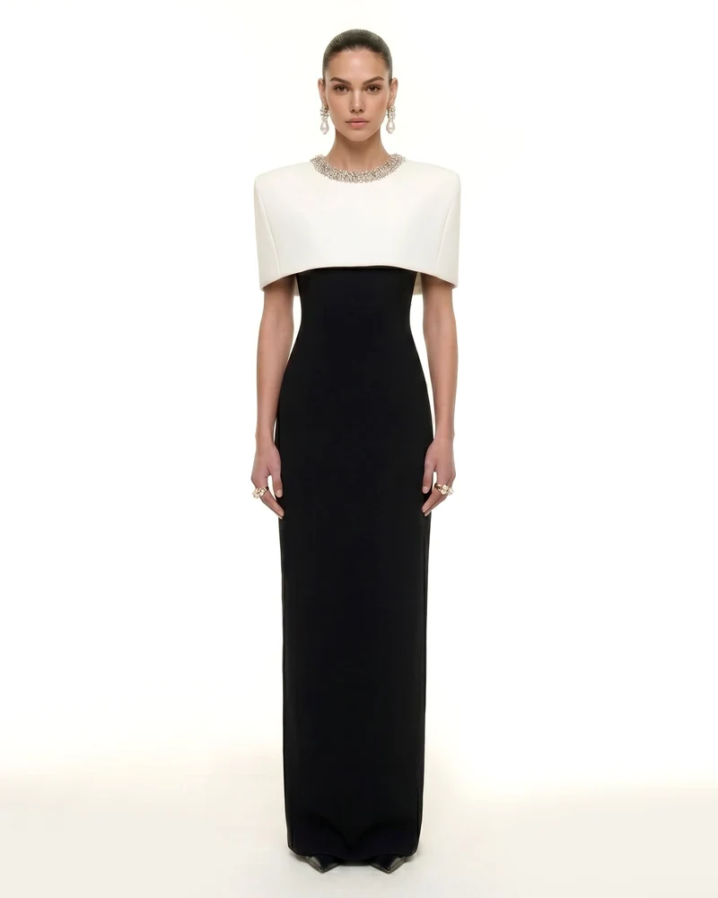 Robe longue capelet à bordures en cristal - Noir & Ivoire