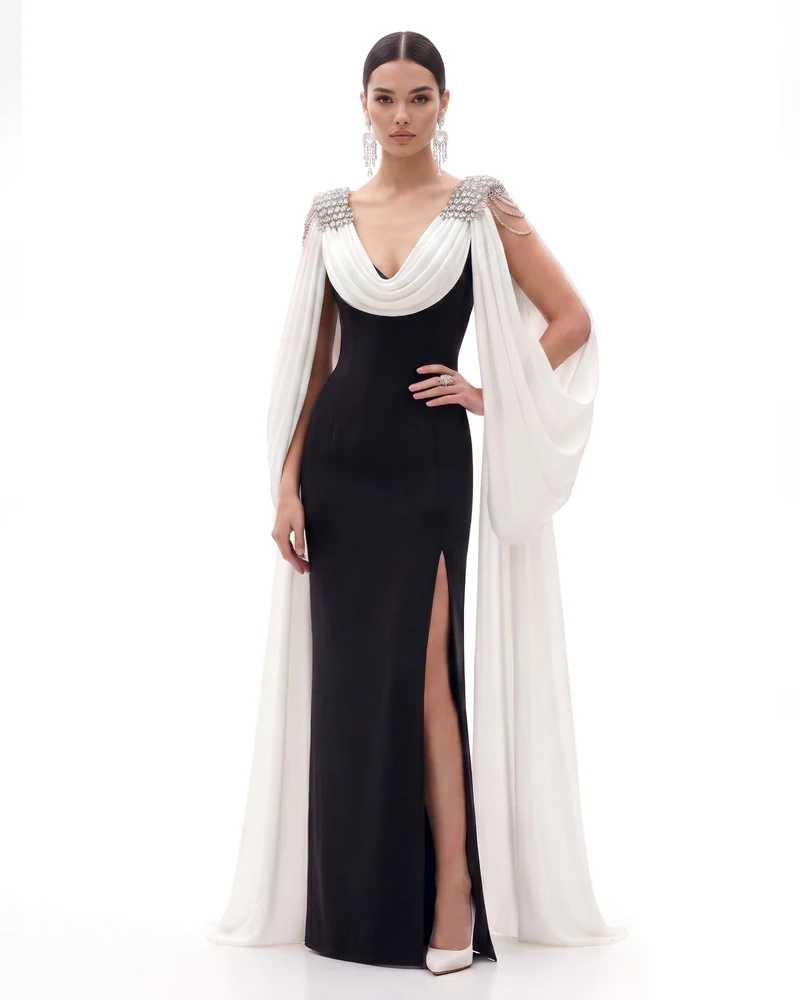 Robe longue cape épaules en cristal - Noir & Ivoire