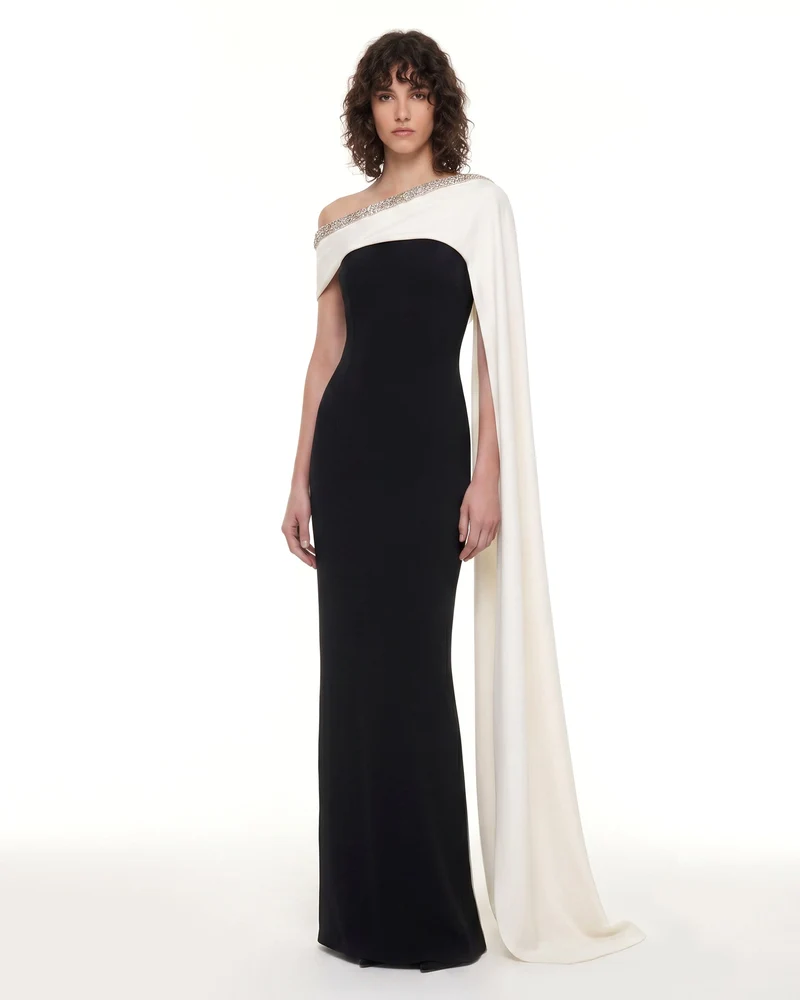 Robe longue cape à ornements en cristal - Noir & Ivoire