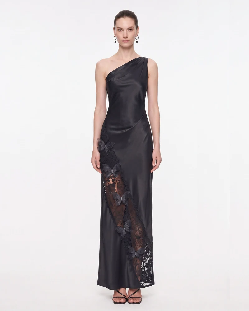 Robe longue en satin asymétrique à une épaule avec empiècement en dentelle - Noir