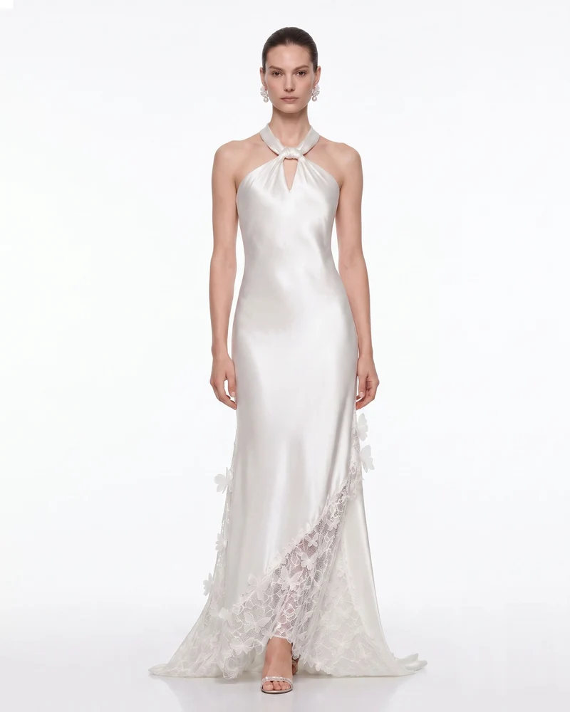 Robe longue en satin dos nu avec empiècement en dentelle - Blanc
