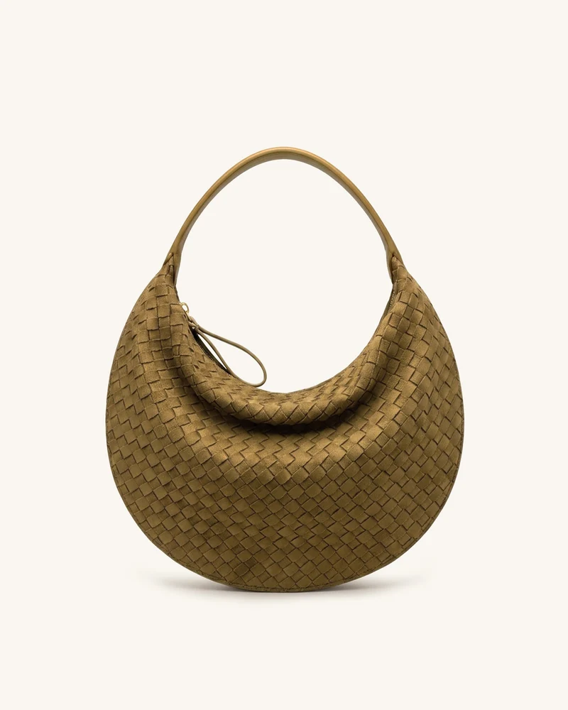 Nola Sac à bandoulière croissant tressé en faux daim - Vert olive