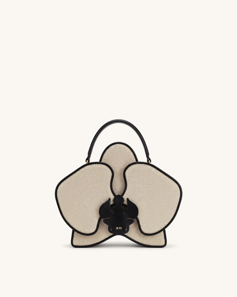 Flora Sac à main à anse supérieure en forme d'orchidée - Toile noir et blanc