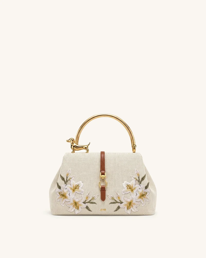 Bruna Sac à poignée supérieure en métal motif teckel avec broderie lys - Toile marron