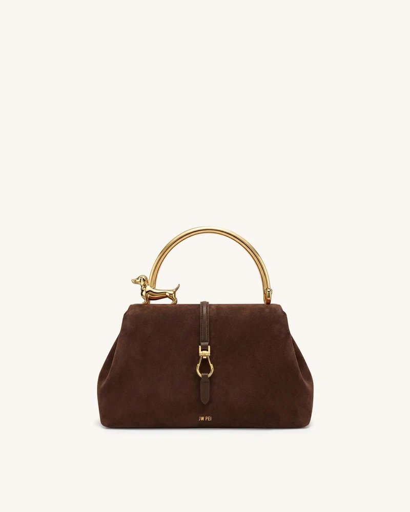 Bruna Sac à poignée supérieure en métal motif teckel en faux daim - Marron bois de santal