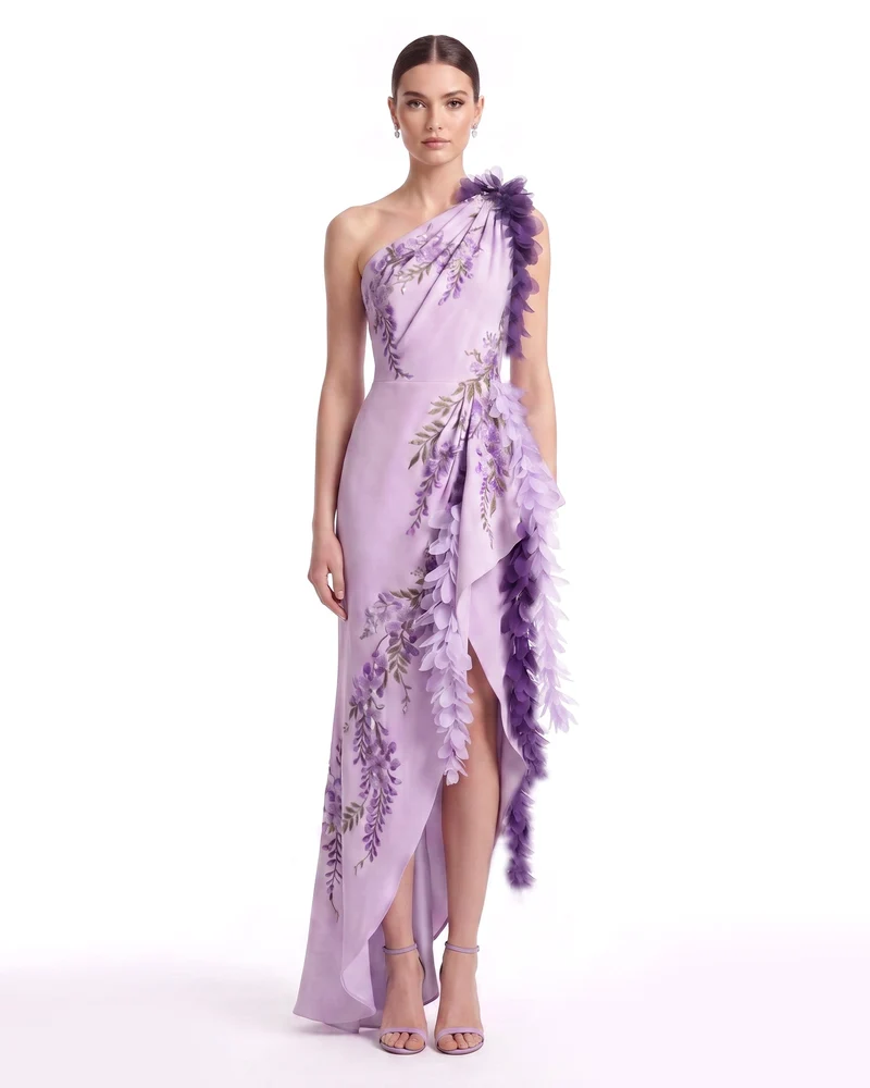 Robe longue asymétrique à cascade de pétales de glycine - Lavande