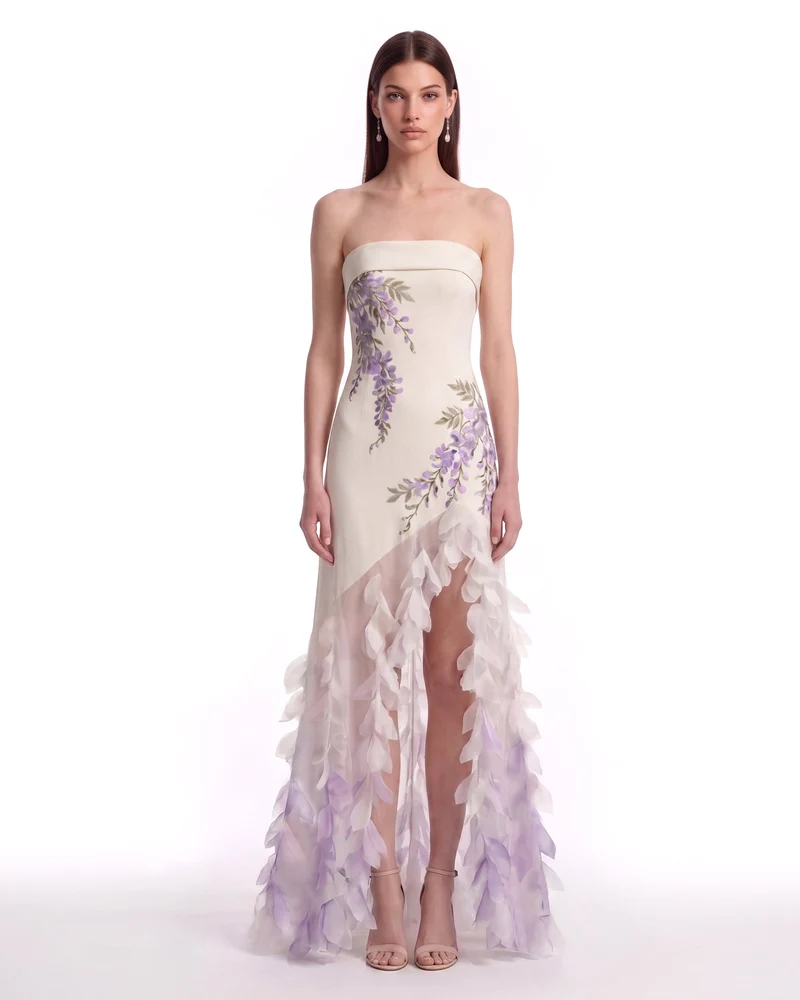 Robe haute-basse à cascade de pétales de glycine - Ivoire
