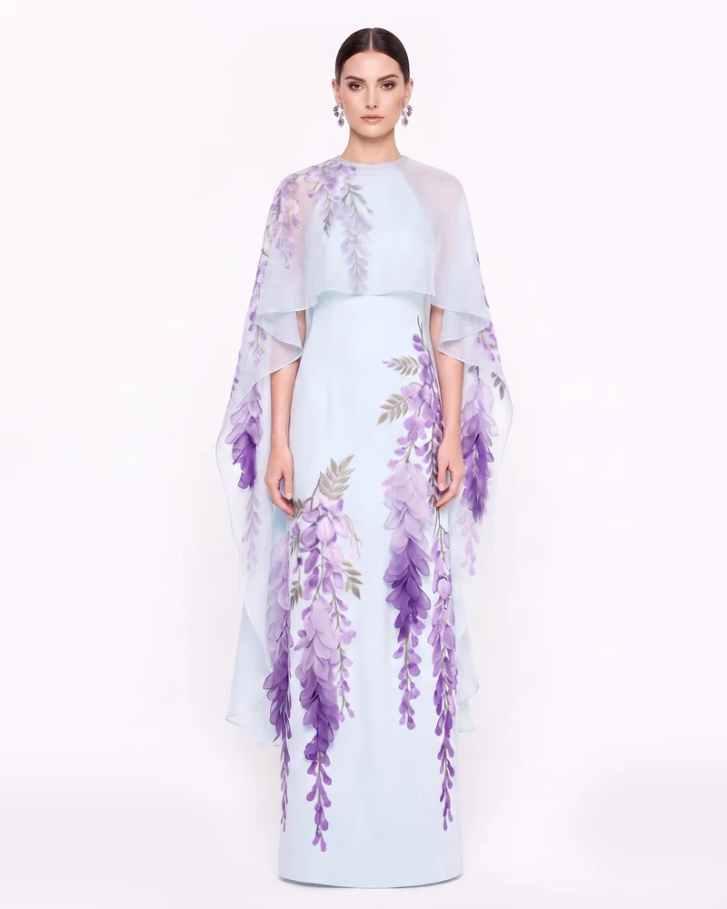 Robe longue à cape en mousseline Glycine - Bleu clair