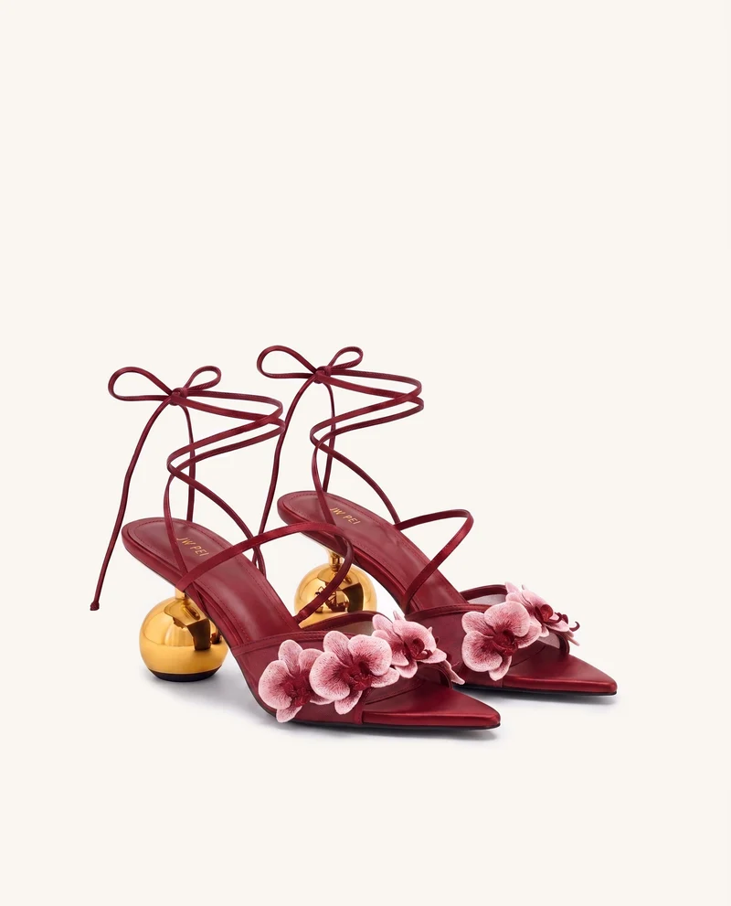 Celia Sandales à lacets et talon sphérique avec broderies orchidées - Bordeaux