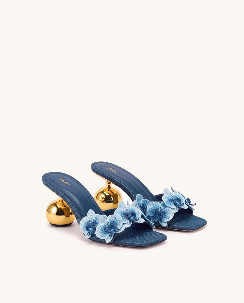 Celia Mules à talon sphérique et broderies orchidées - Bleu jean