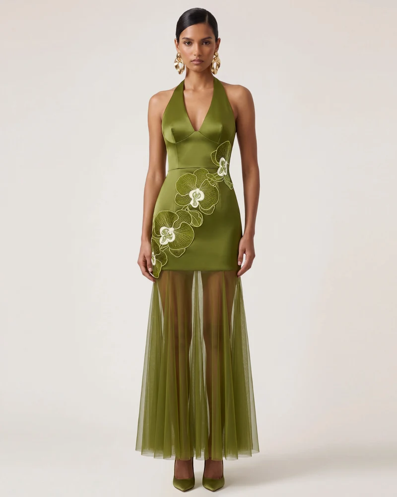 Robe longue dos nu à ourlet transparent et broderies orchidées - Olive