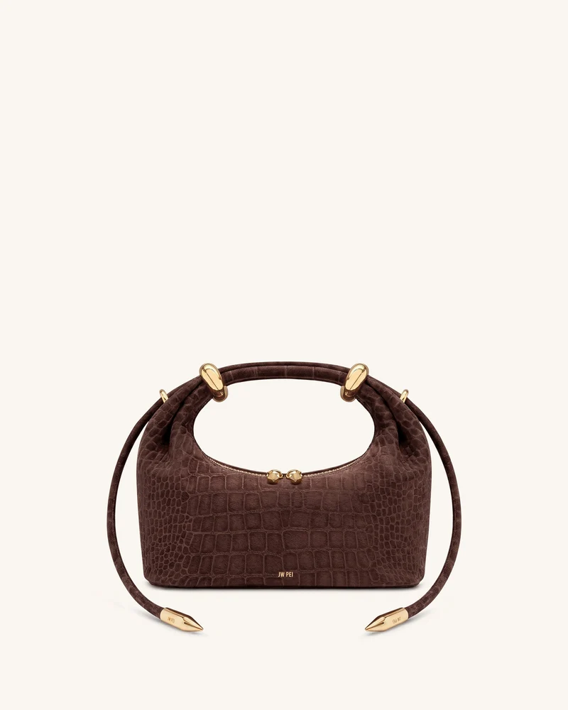 Ellie Sac à main en suédine avec anneau en métal - Effet croco marron chocolat