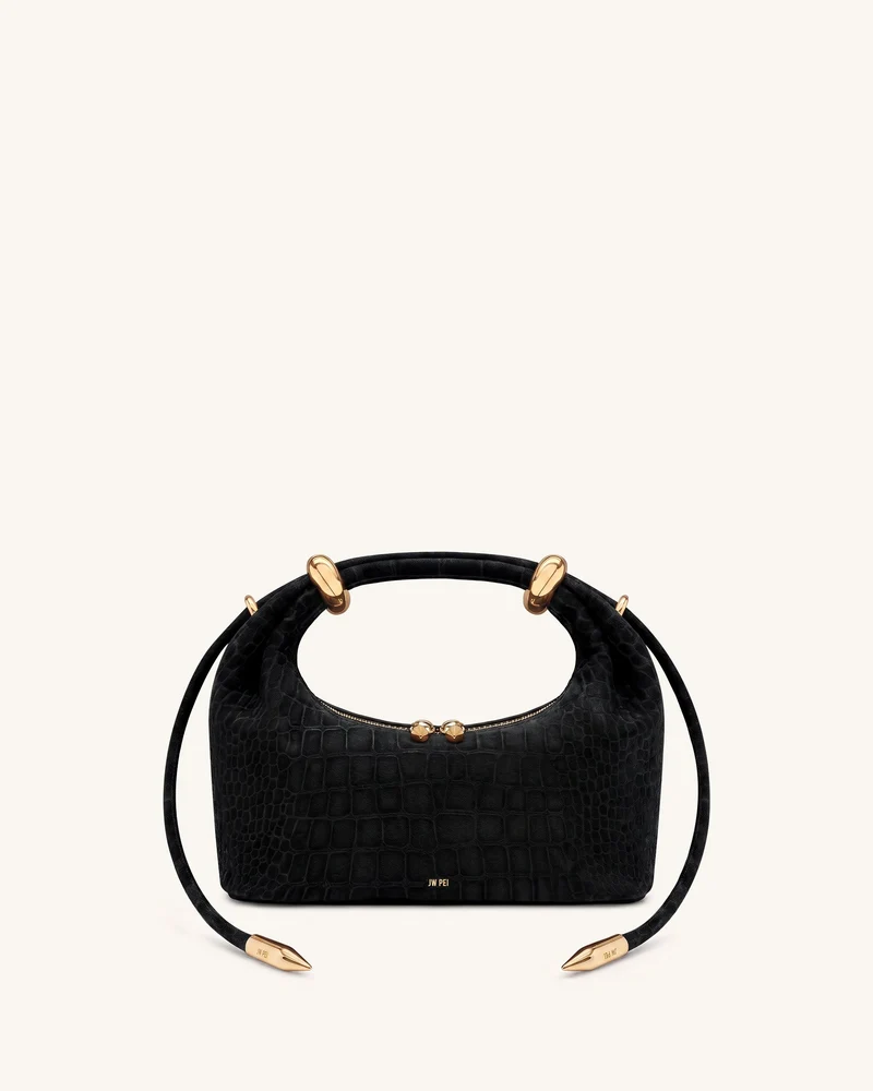Ellie Sac à main en suédine avec anneau en métal - Effet croco noir