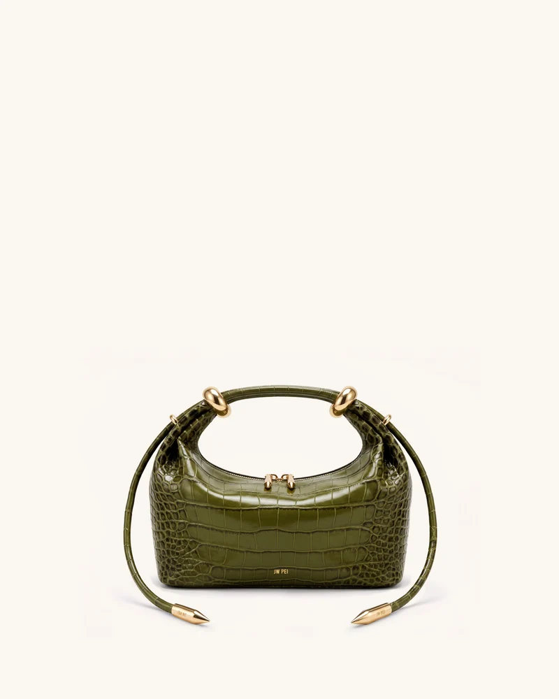 Ellie Sac à main à poignée supérieure orné d'un anneau métallique - Vert olive effet croco
