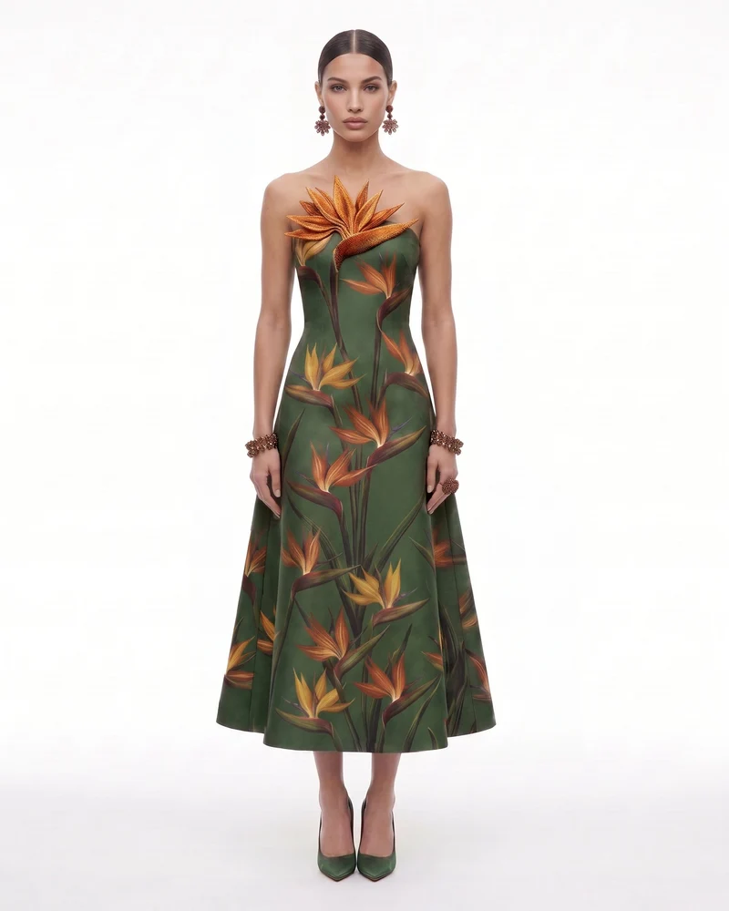 Robe midi trapèze sans bretelles à appliqués Oiseau de paradis - Vert