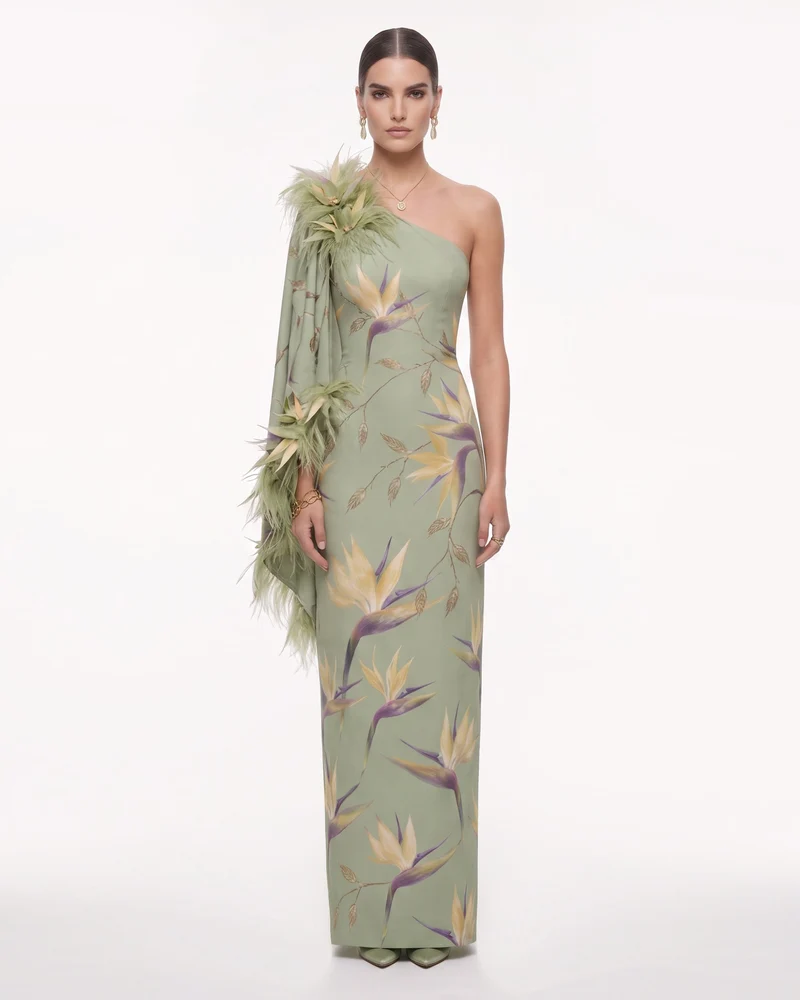 Robe longue asymétrique à plumes Oiseau de paradis - Vert