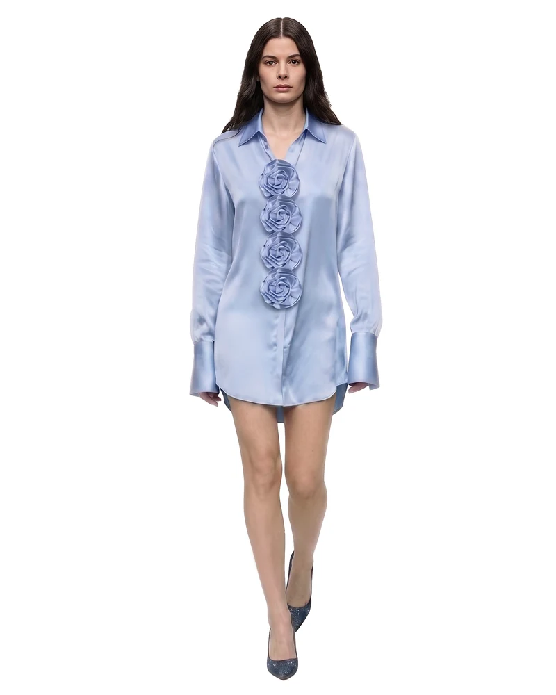 Chemise boutonnée en satin à fleurs 3D - Bleu clair