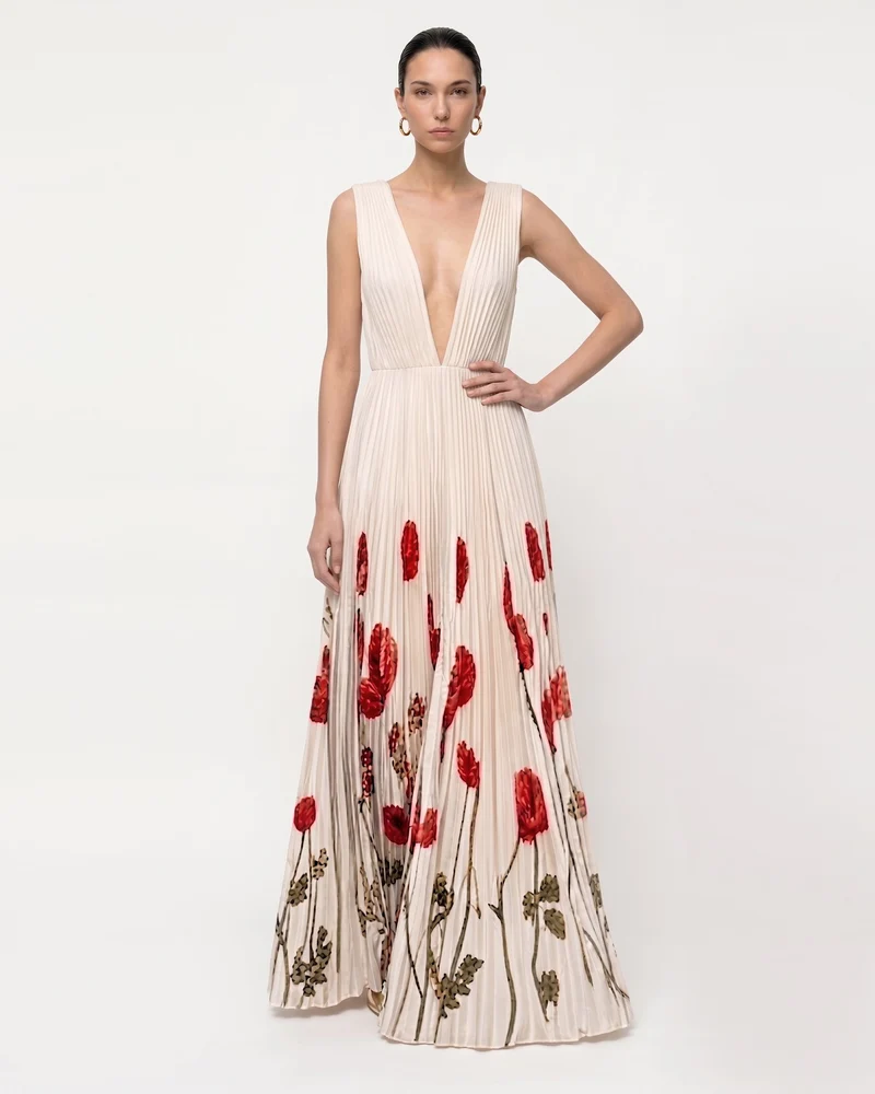 Robe longue plongeante en plissé à motif coquelicot - Ivoire