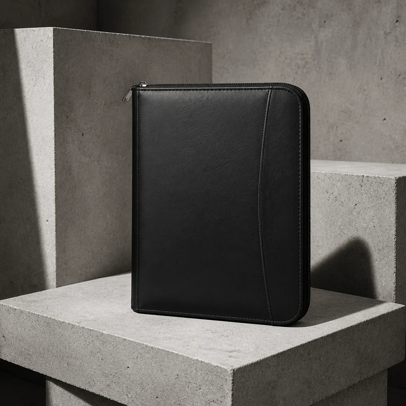 Porte-Document Zippé A4 Noir en Simili Cuir Grainé