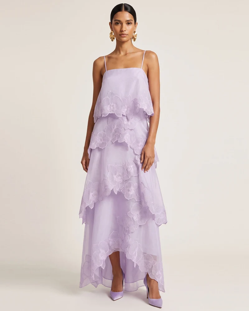 Robe longue superposée brodée d'orchidées - Violet clair