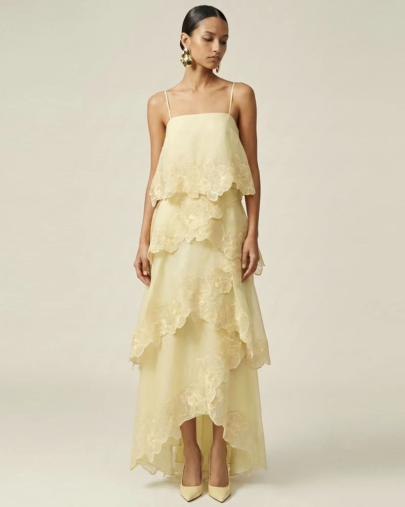 Robe longue superposée brodée d'orchidées - Jaune clair