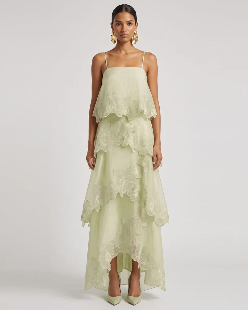 Robe longue superposée brodée d'orchidées - Vert clair