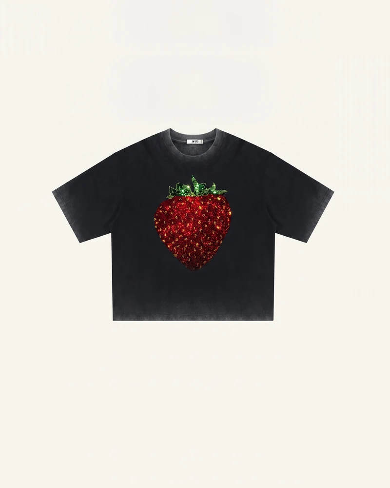 T-shirt graphique fraise en cristal - Noir délavé