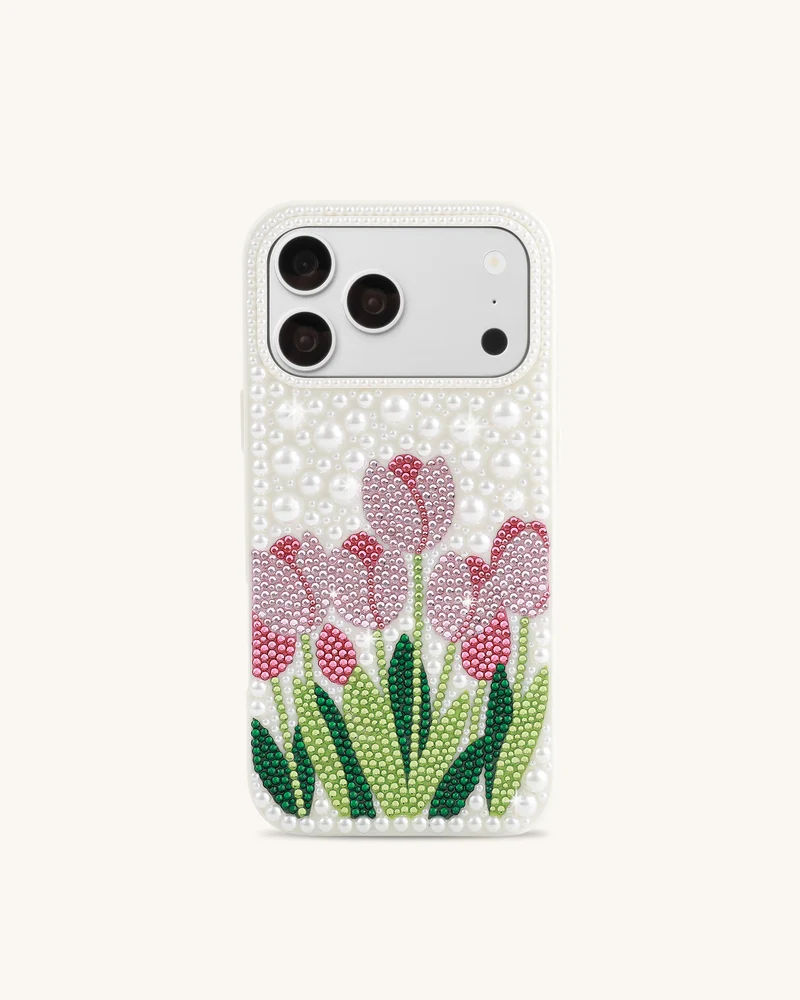 Coque de téléphone tulipe et fausses perles - Blanc