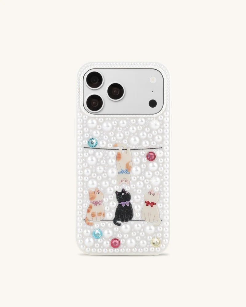 Coque de téléphone chats espiègles ornés de perles - Blanc