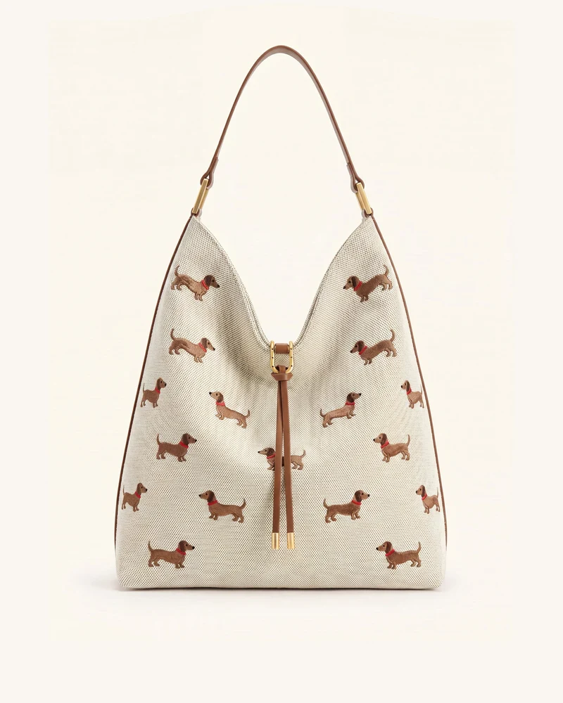 Aria Sac porté épaule brodé de chiens - Marron caramel