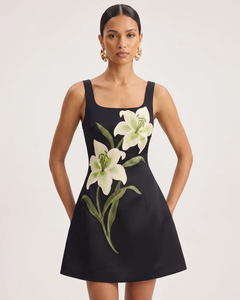 Lily Robe courte trapèze sans manches à imprimé floral - Noir