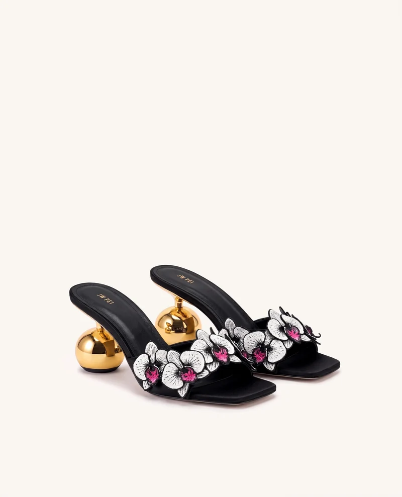 Celia Mules à talon sphérique brodées d'orchidées - Noir