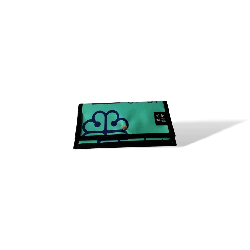 Portefeuille (GRAND) avec poche de monnaie - écoresponsable - turquoise texte et logo Montréal bleu