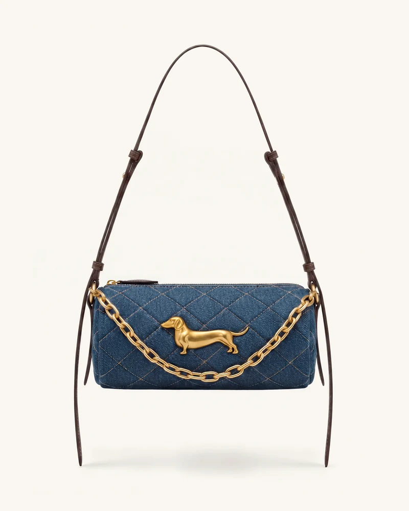 Lucienne Sac à bandoulière matelassé à chaîne motif teckel - Jean bleu