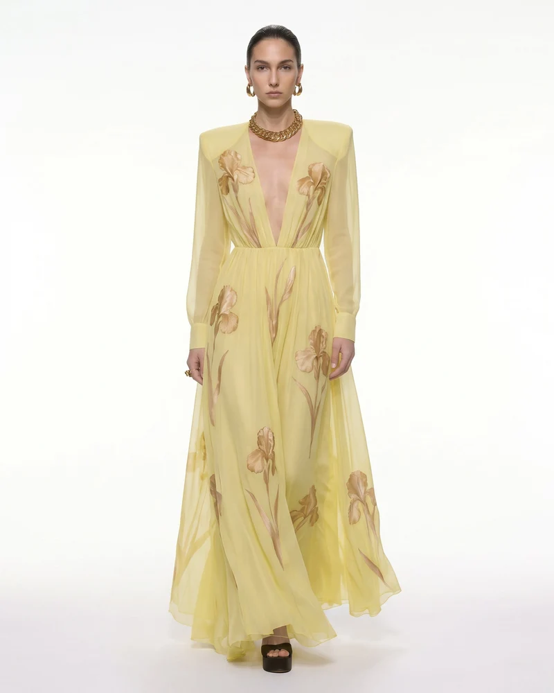 Iris Robe longue transparente à manches longues et imprimé floral - Jaune