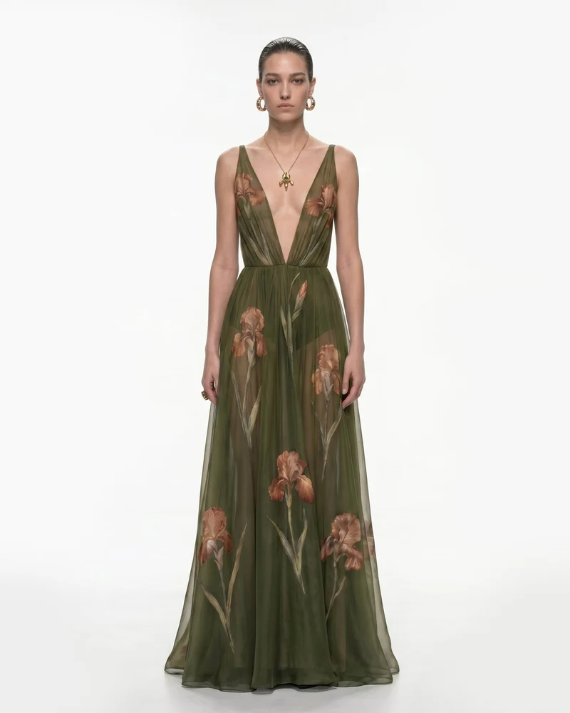 Robe longue transparente à imprimé floral - Olive