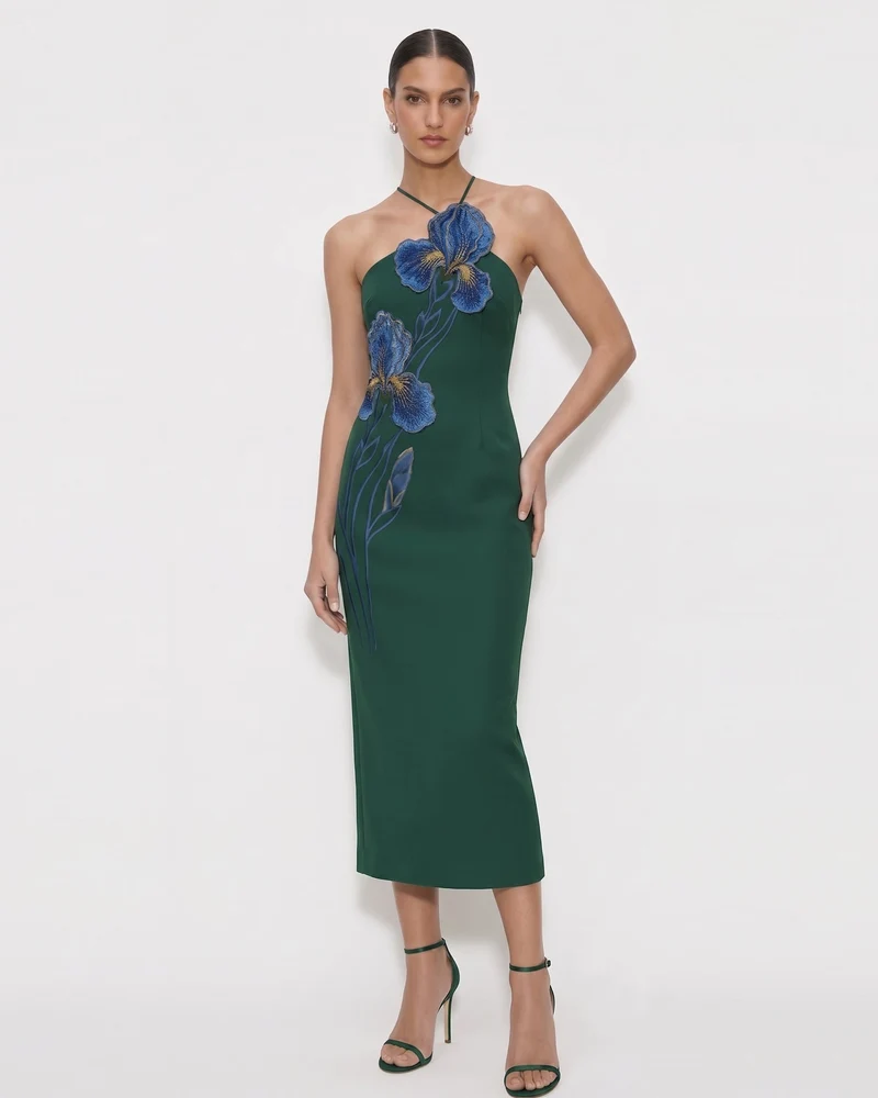 Robe midi dos nu brodée Iris - Vert foncé