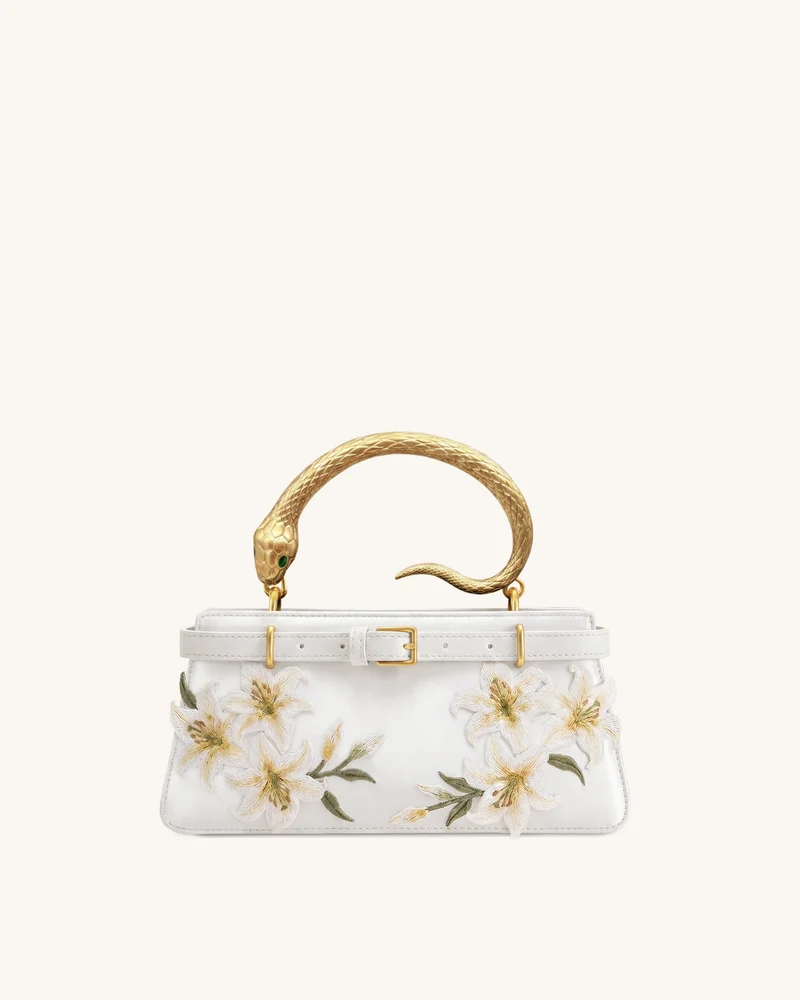 Elena Sac à poignée supérieure brodé Lily avec anse serpent - Blanc